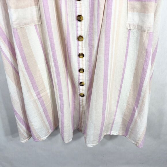 Torrid Plus Size 2X Dress‎ Midi Linen Button Front Dress Pink White Pockets 1289 - Picture 4 of 10